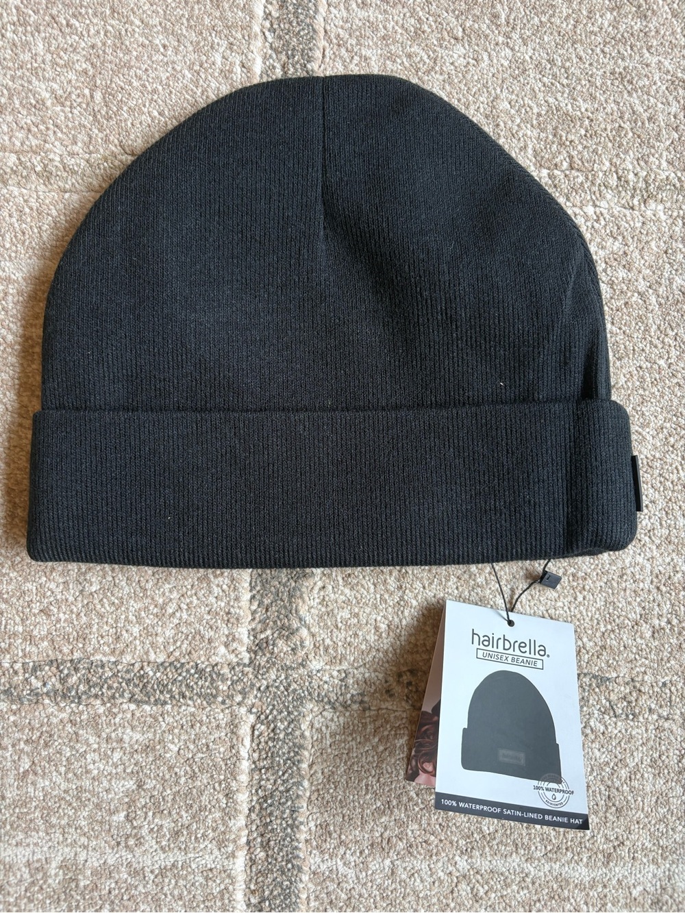 Hairbrella black unisex cuffed beanie with a satin lining NWT